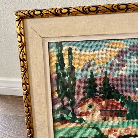 Vintage Landscape Embroidered Art in Gold Frame 12/15 inch - Picture 4 of 12